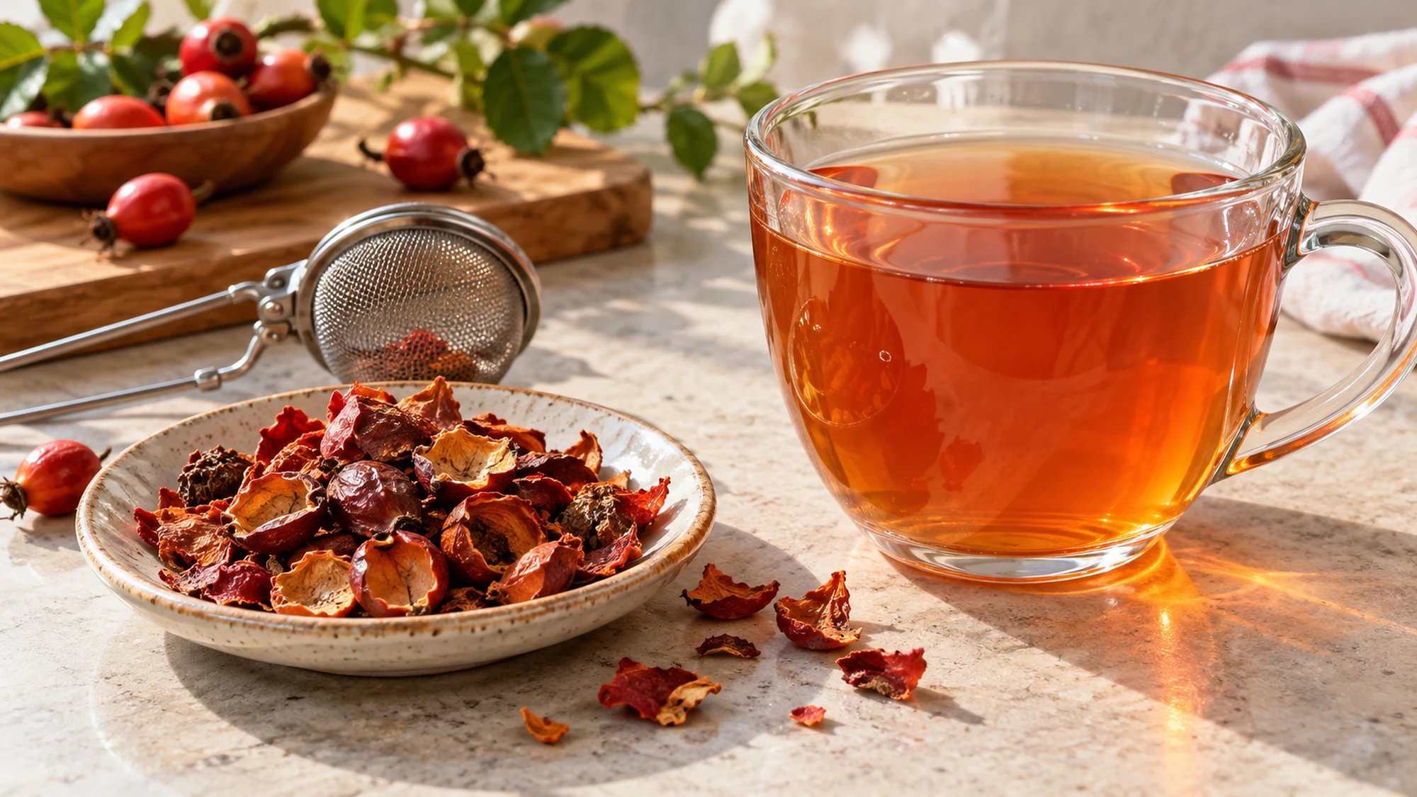 Rose hips herbal infusion beside dried fruit pieces and a tea strainer