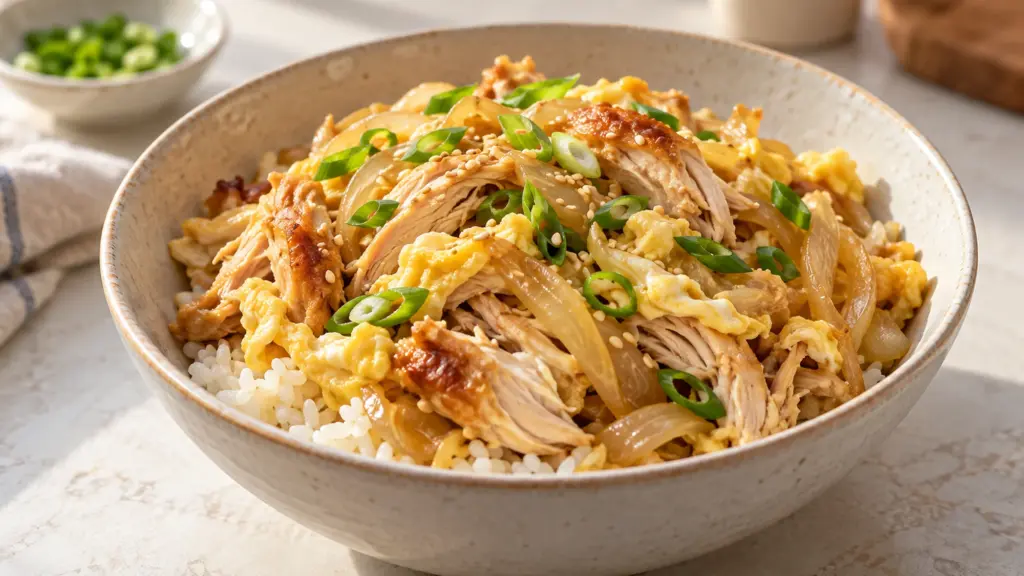 Rotisserie chicken rice bowl with egg ribbons, onions, scallions and sesame seeds