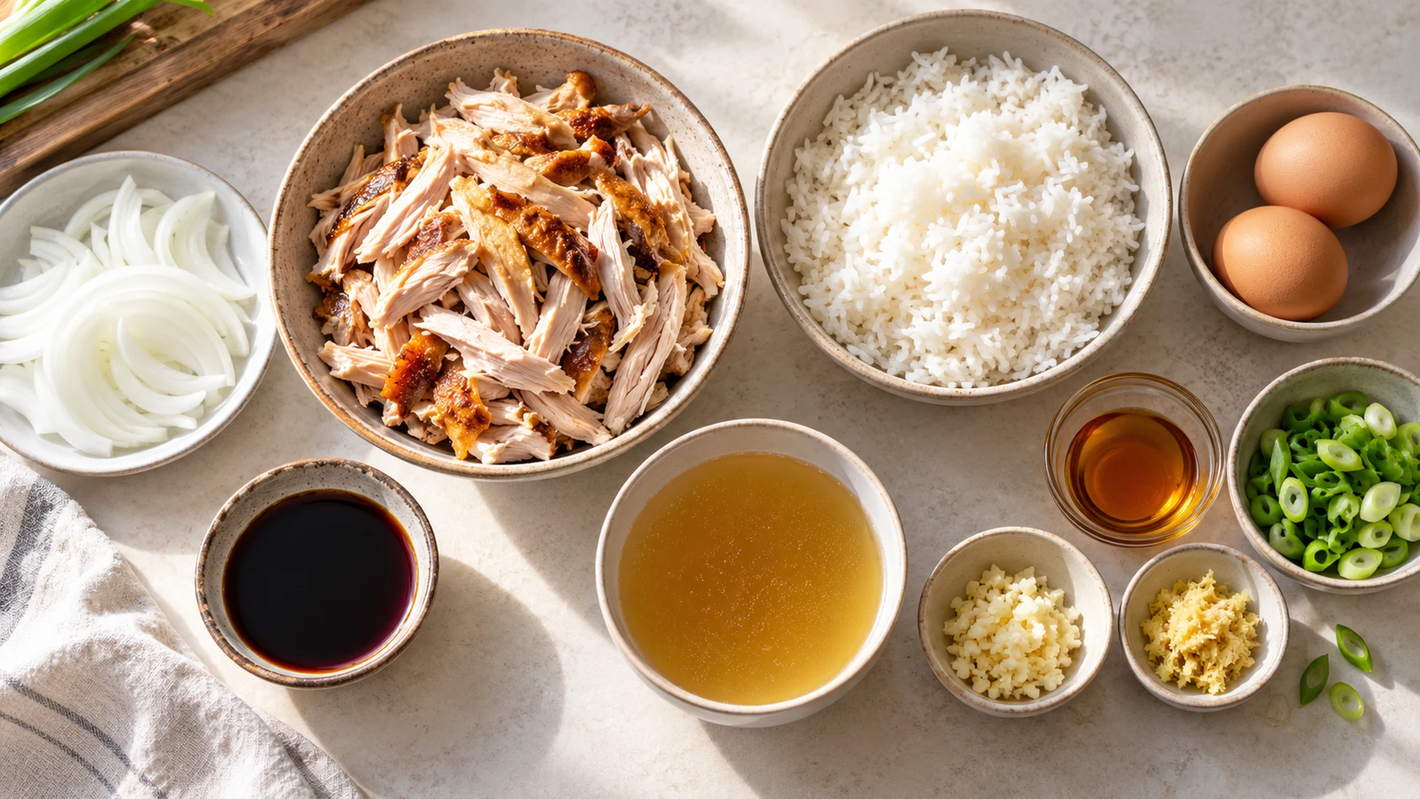 Cooked chicken, rice, eggs, onion and seasonings for a rotisserie chicken rice bowl