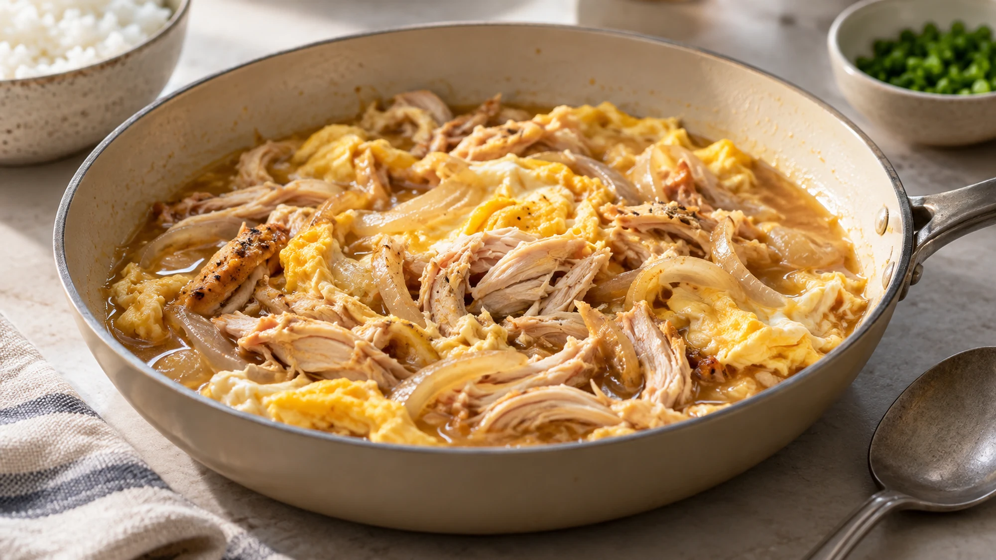 Chicken, egg ribbons and onions warming in broth for a rotisserie chicken rice bowl