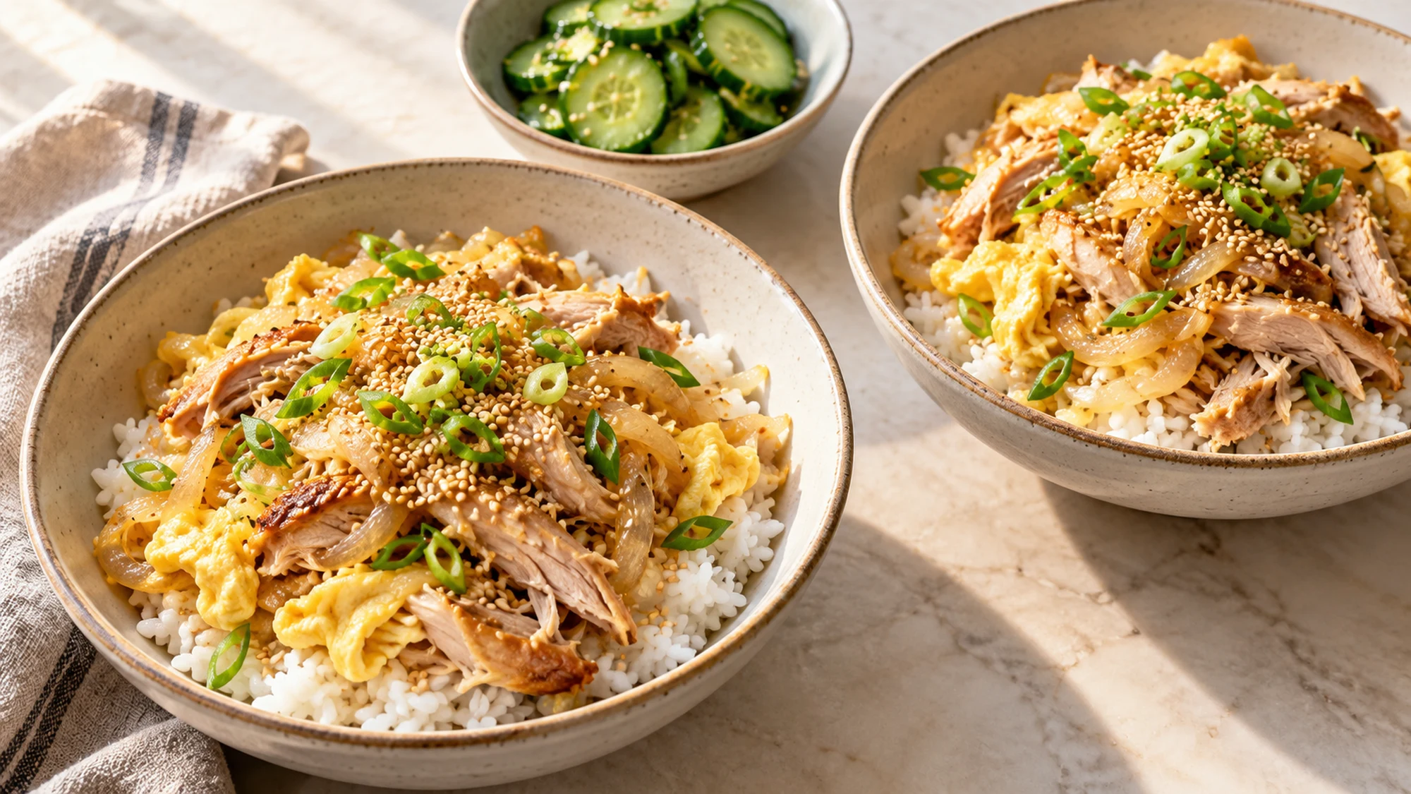 Two rotisserie chicken rice bowls served with cucumber on the side