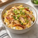Rotisserie chicken rice bowl with tender chicken and fully cooked egg over rice