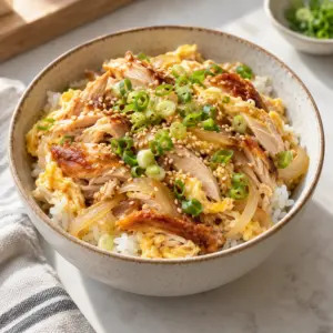 Rotisserie chicken rice bowl with tender chicken and fully cooked egg over rice