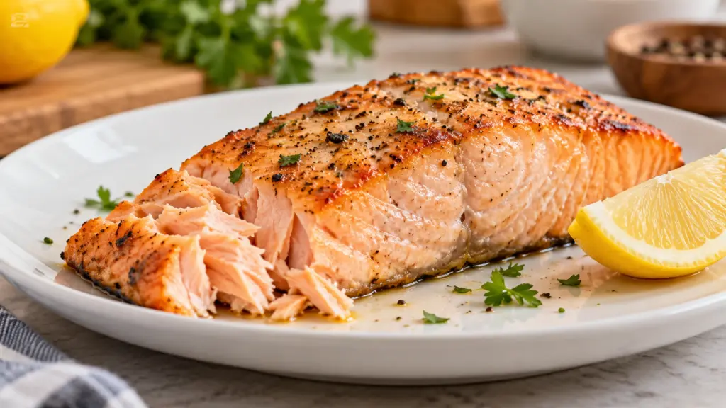 Cooked salmon fillet with lemon and separated flakes