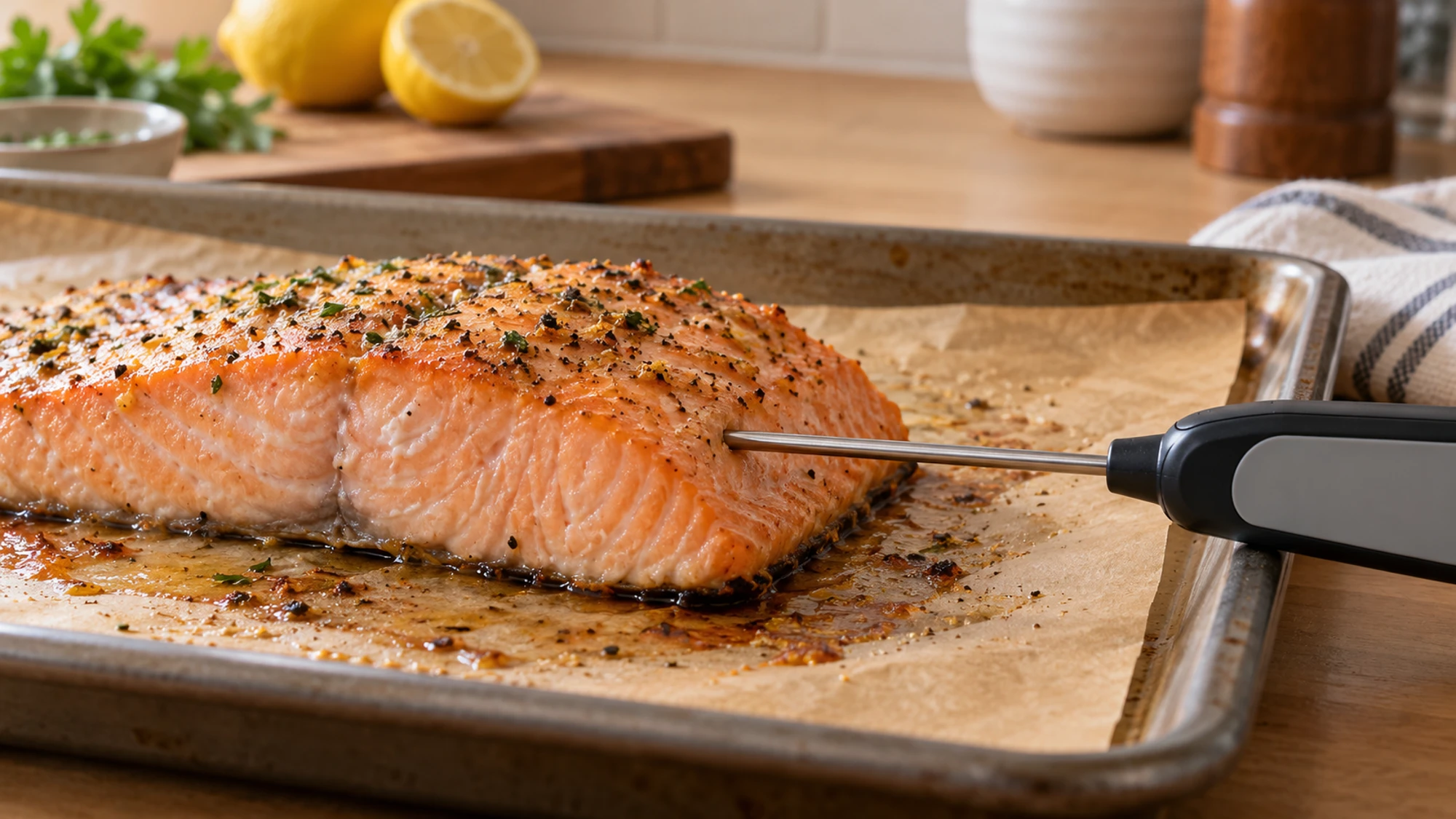 Probe inserted through the side to check salmon internal temp