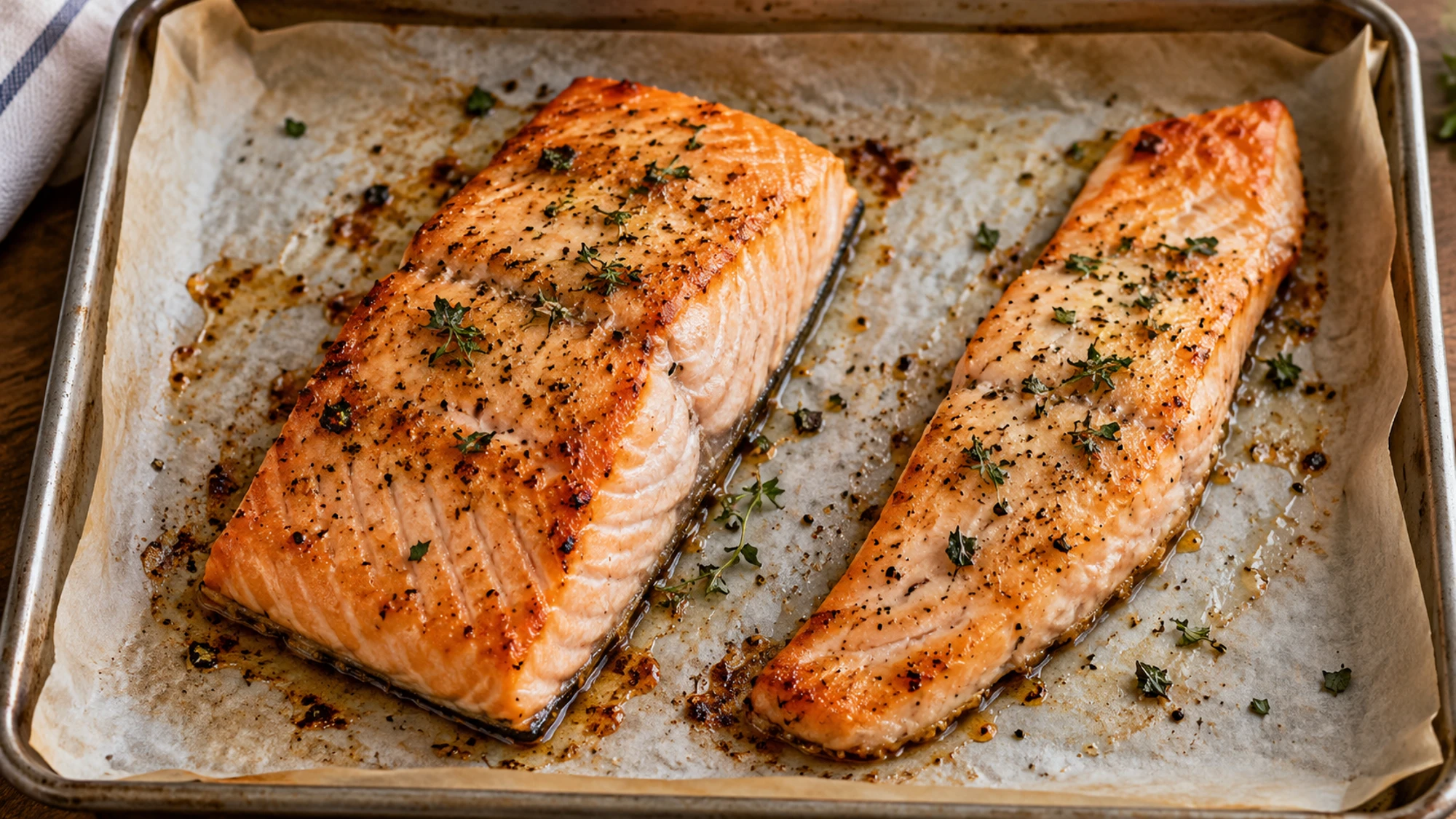 Thick center-cut salmon and thinner tail portion on a tray