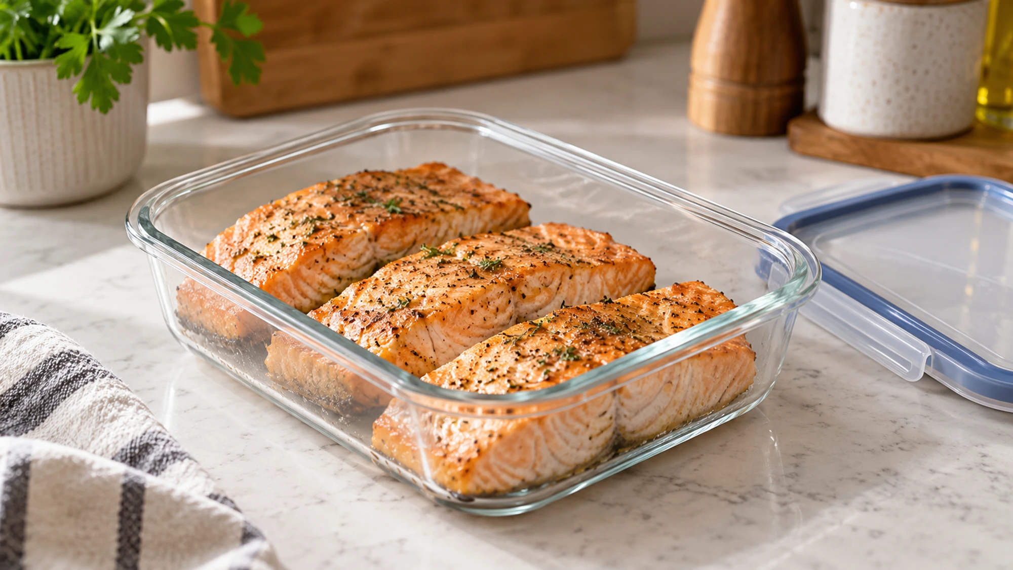Cooked salmon portions in a shallow glass storage container