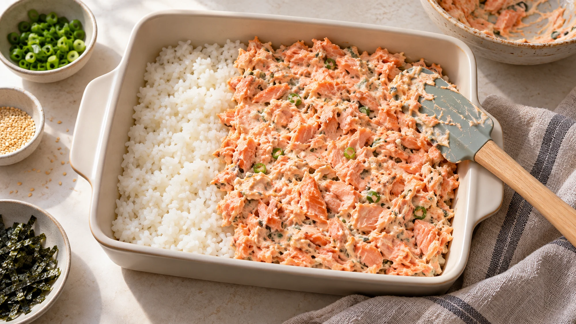 Creamy cooked salmon being spread over rice for salmon sushi bake