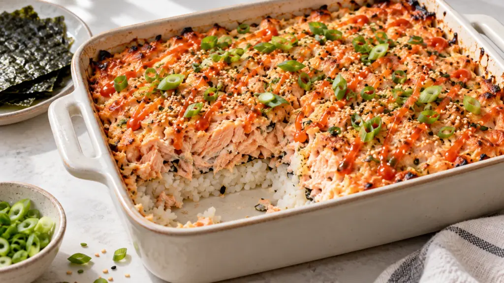 Salmon sushi bake showing creamy cooked salmon over seasoned rice