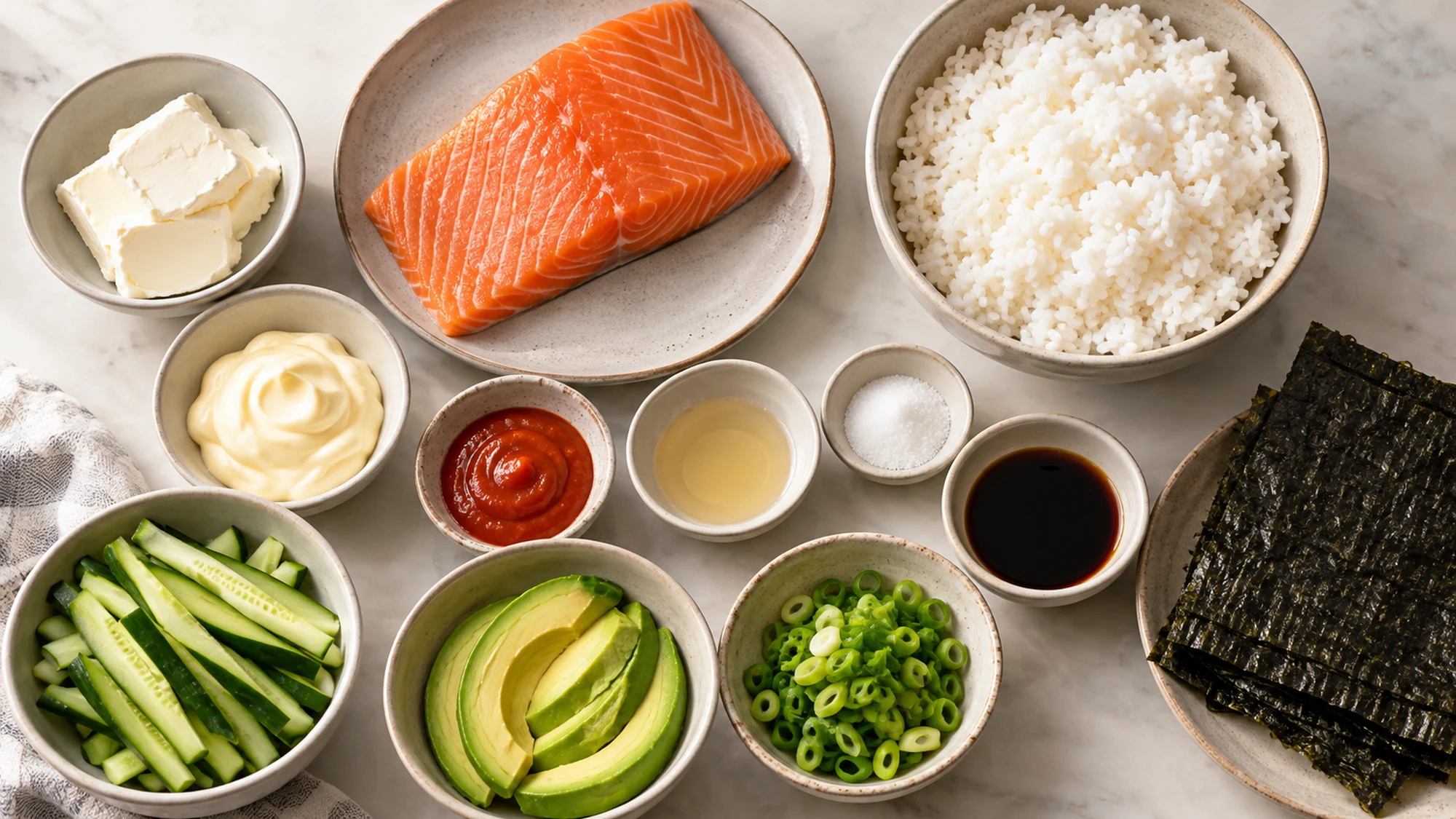 Salmon, rice, creamy sauce ingredients and nori for salmon sushi bake