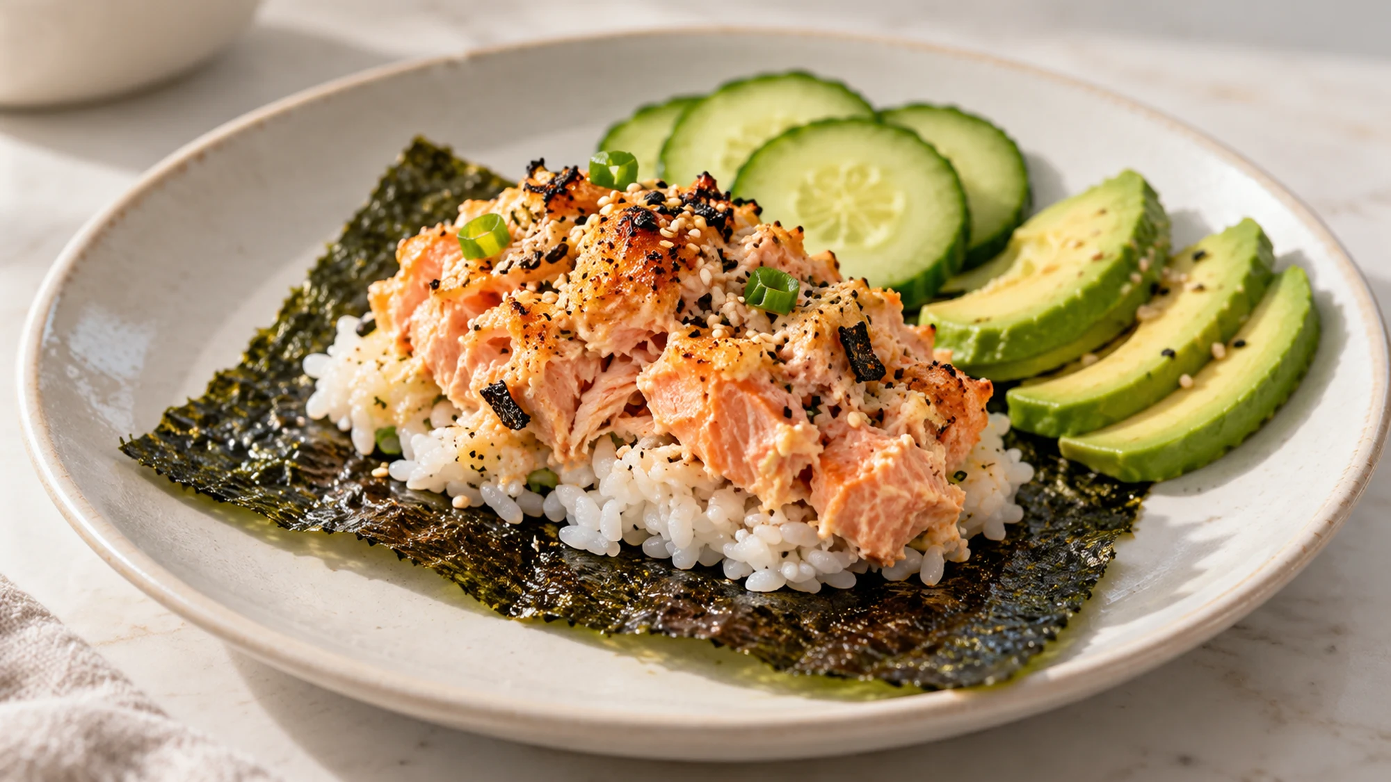 Salmon sushi bake portion on nori with cucumber and avocado alongside