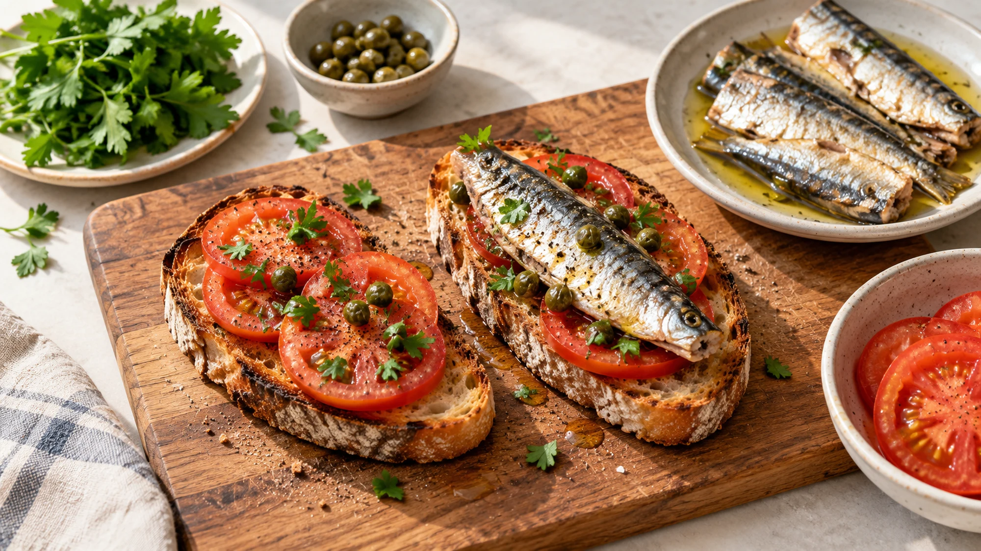 Sardine tomato toast being assembled on a wooden board