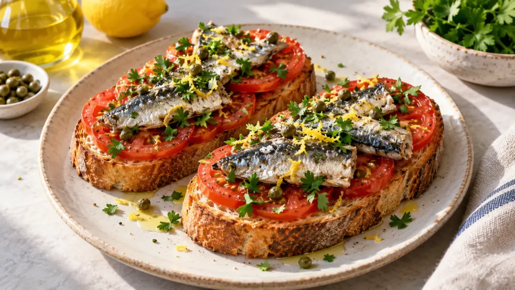Sardine tomato toast with parsley, capers and lemon zest