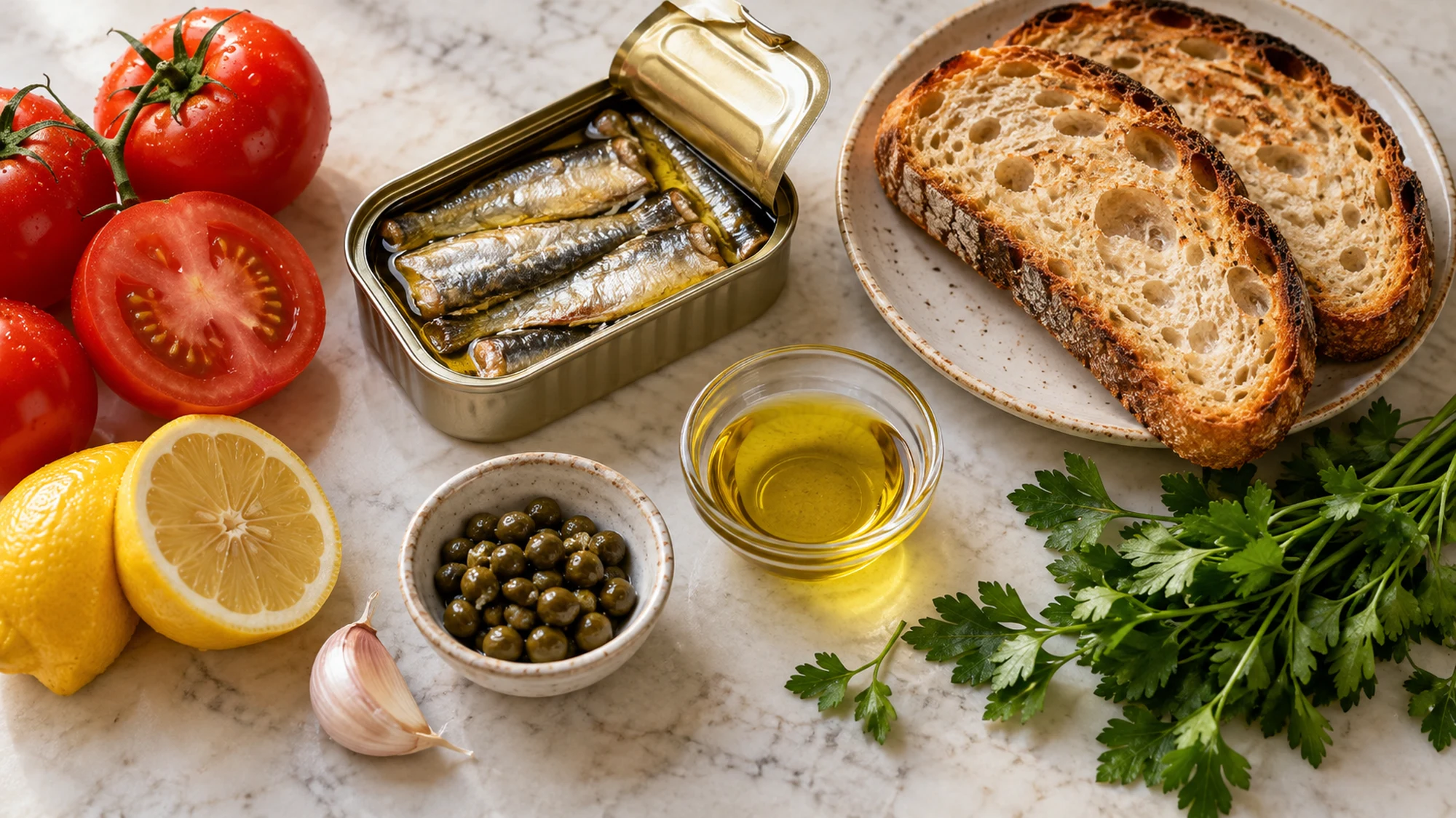 Sardines, tomatoes, sourdough, lemon, garlic and herbs for sardine tomato toast