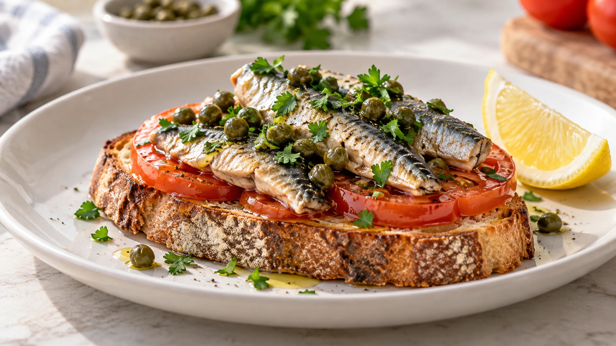 Sardine tomato toast served on a white plate beside a lemon wedge