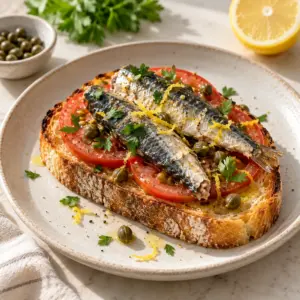 Sardine tomato toast topped with small sardines, capers and parsley