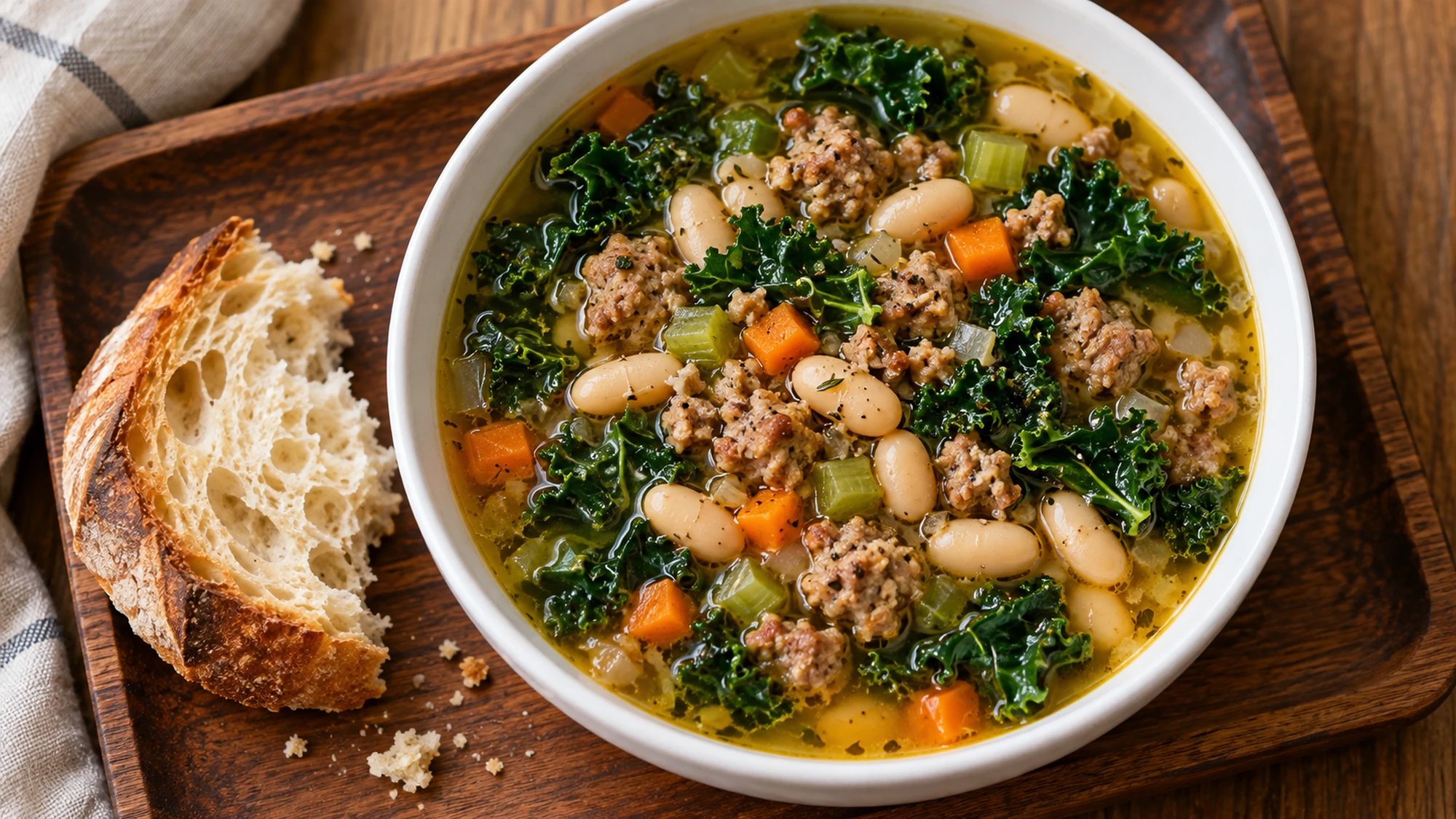 Sausage white bean kale soup served with crusty bread