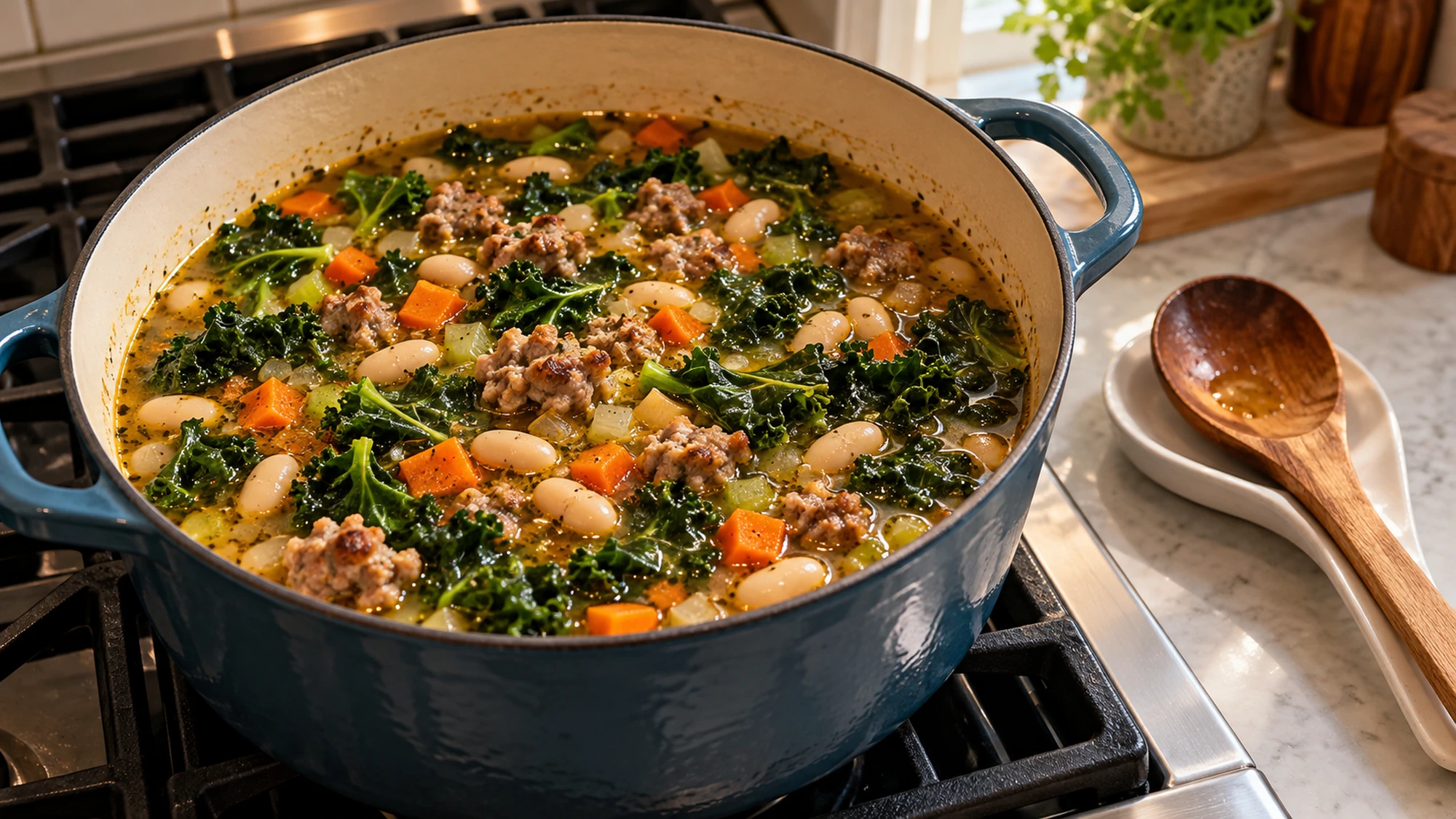 Sausage white bean kale soup with carrots and celery in a Dutch oven