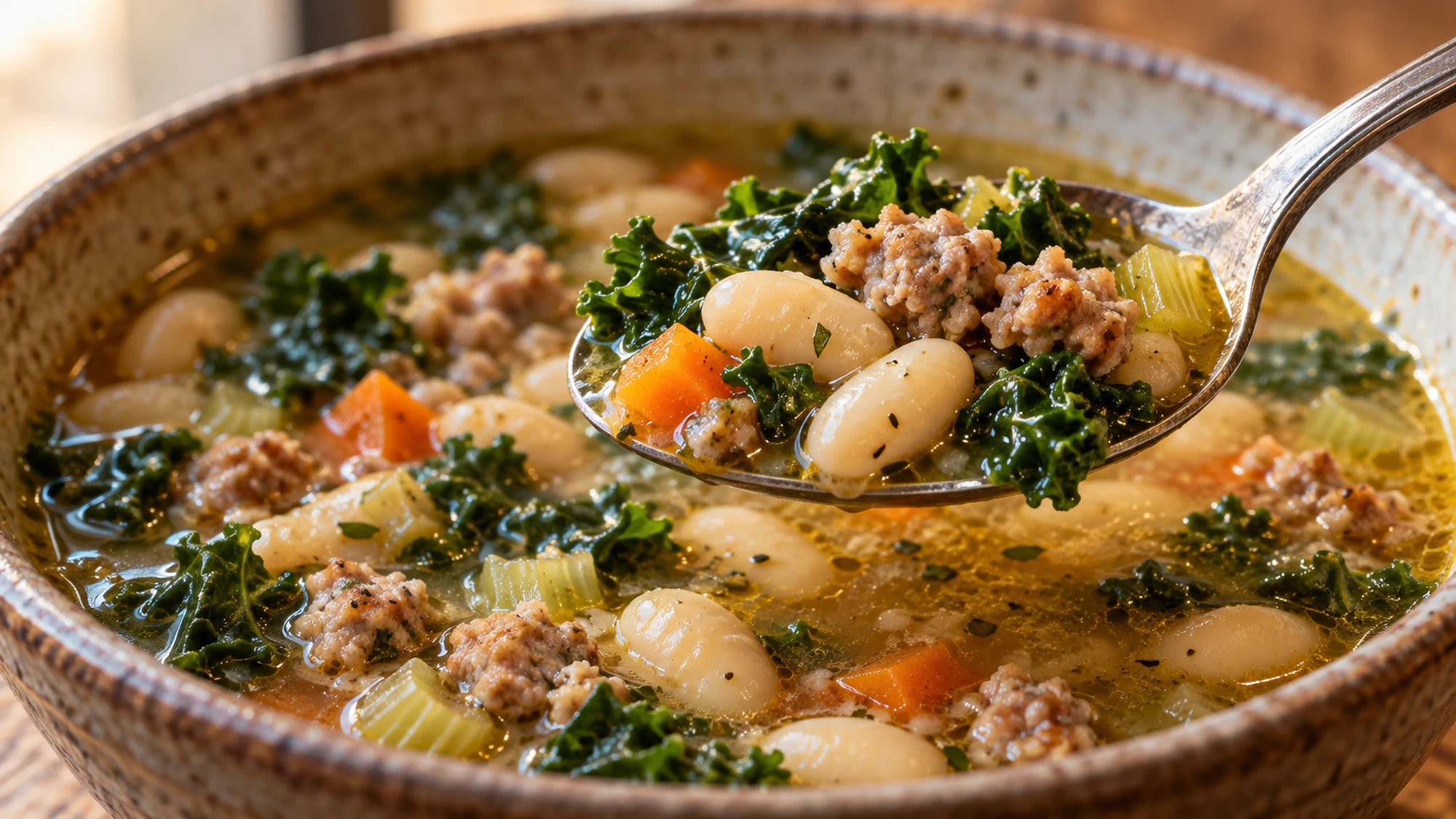 Spoonful of sausage white bean kale soup showing beans, sausage and kale