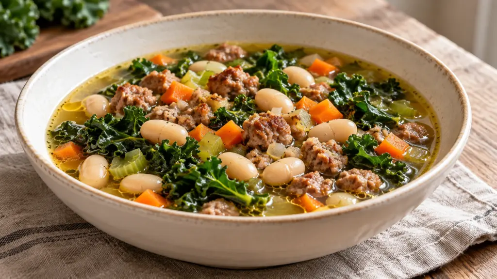 Sausage white bean kale soup with cannellini beans, carrots and celery in an ivory bowl