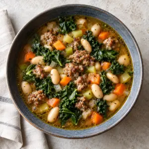 Sausage white bean kale soup in a gray bowl viewed from above