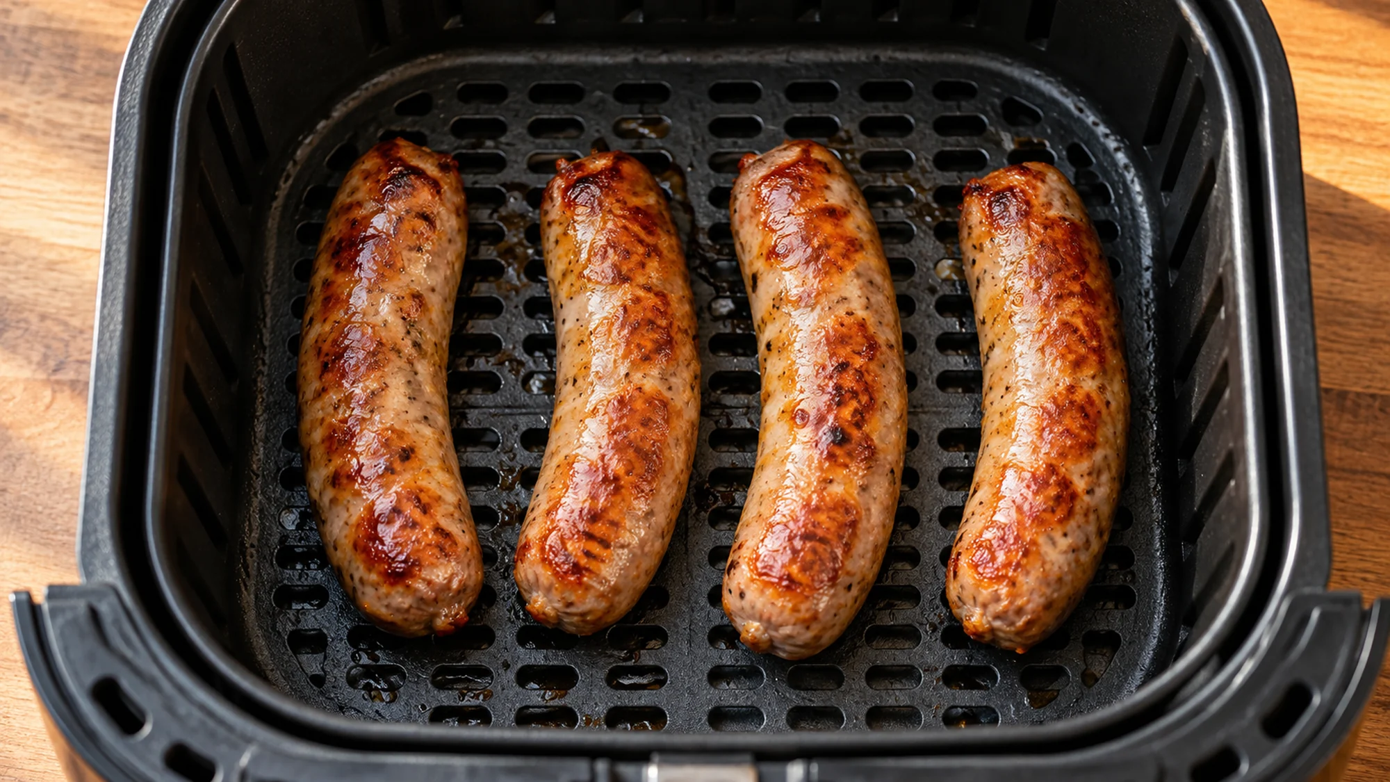 Four browned sausages in air fryer basket with space between the links