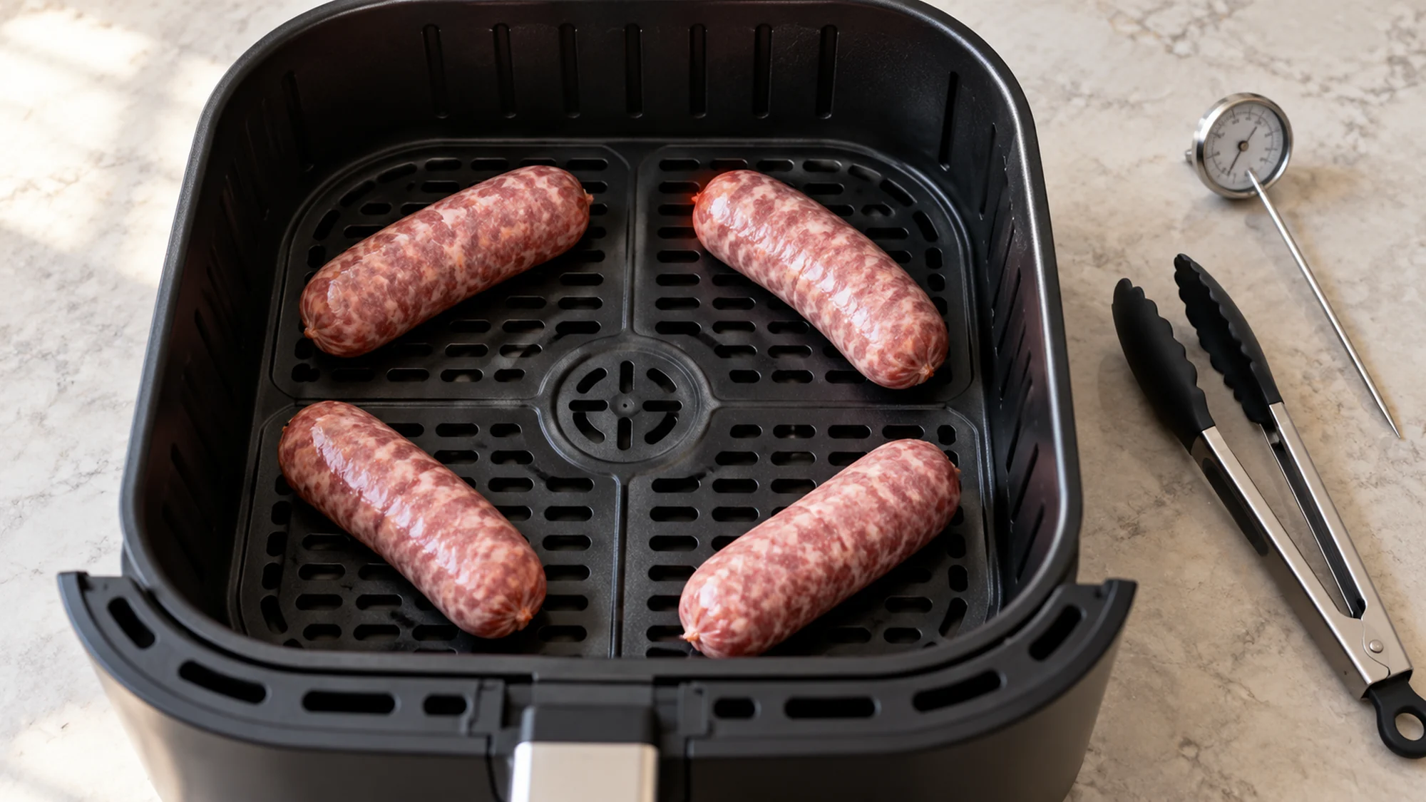 Four fresh pork sausages in air fryer basket before cooking