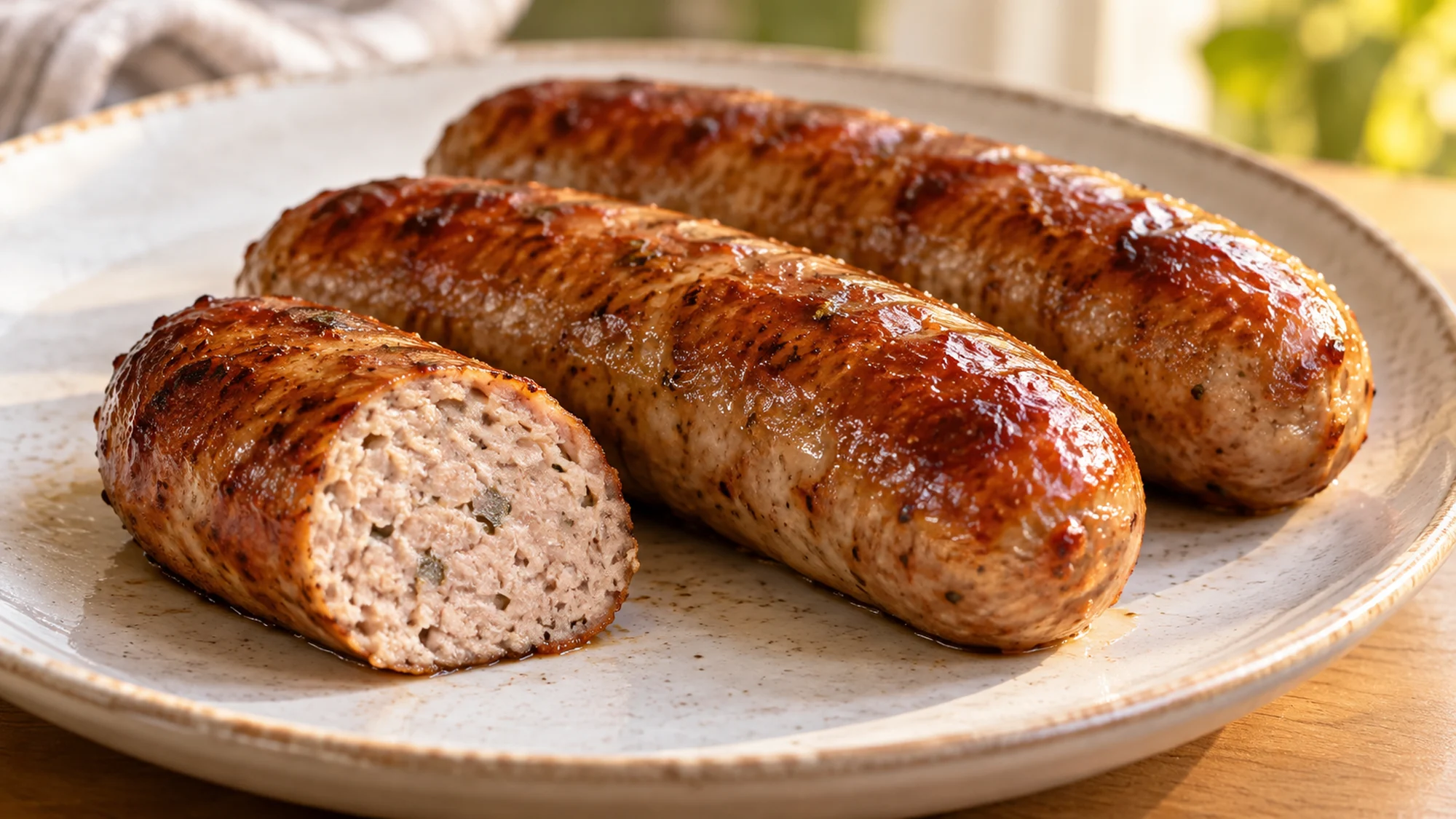 Cut cooked sausage showing its evenly cooked center beside browned links