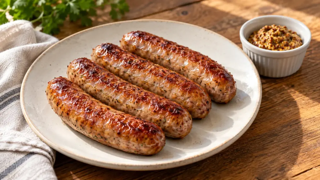 Sausages in air fryer browned and served on a plate with mustard