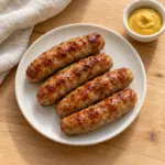 Four browned pork sausages on a small white plate