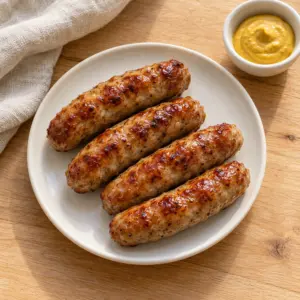 Four browned pork sausages on a small white plate