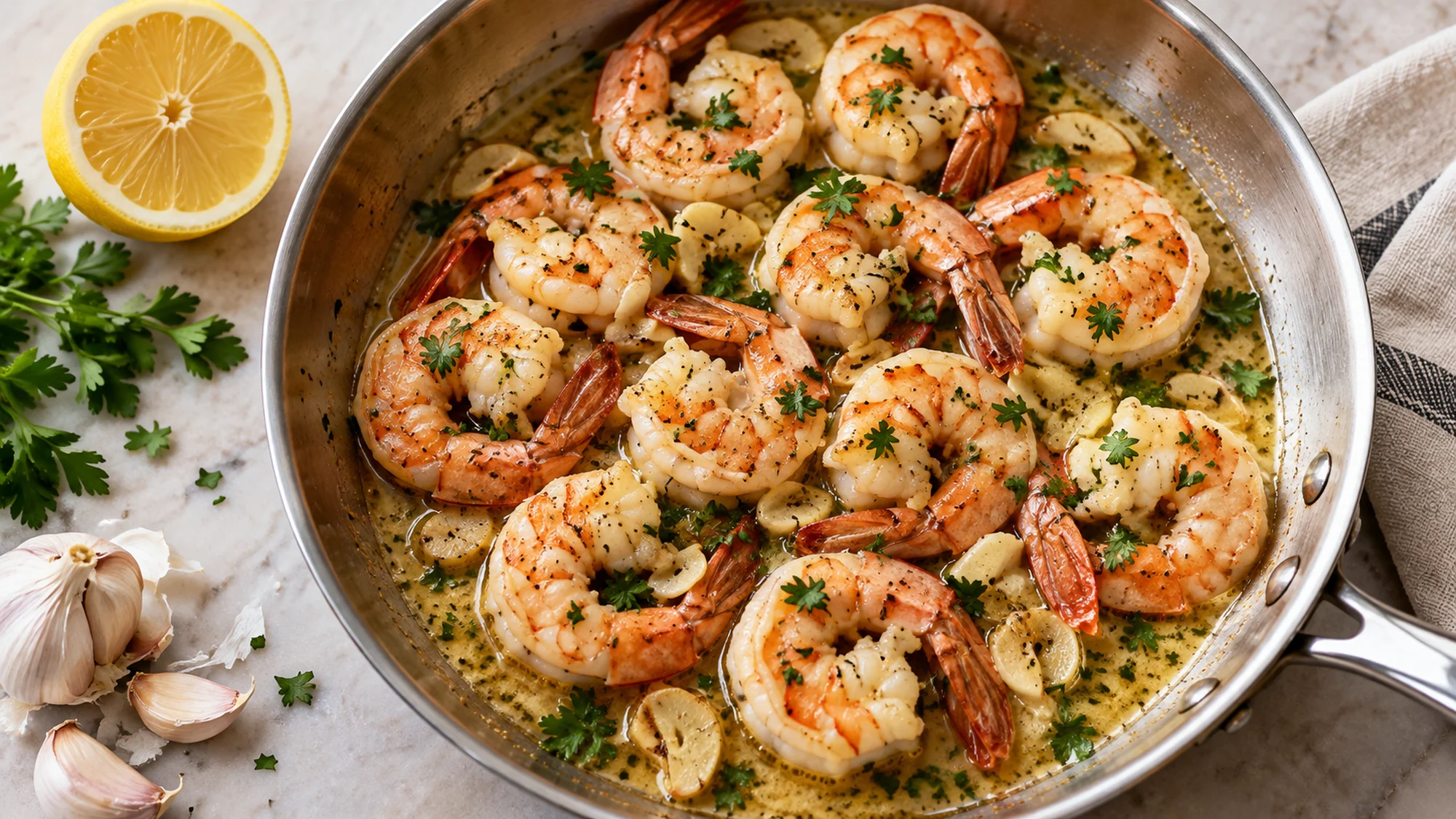 Shrimp scampi in a stainless skillet with lemon garlic sauce