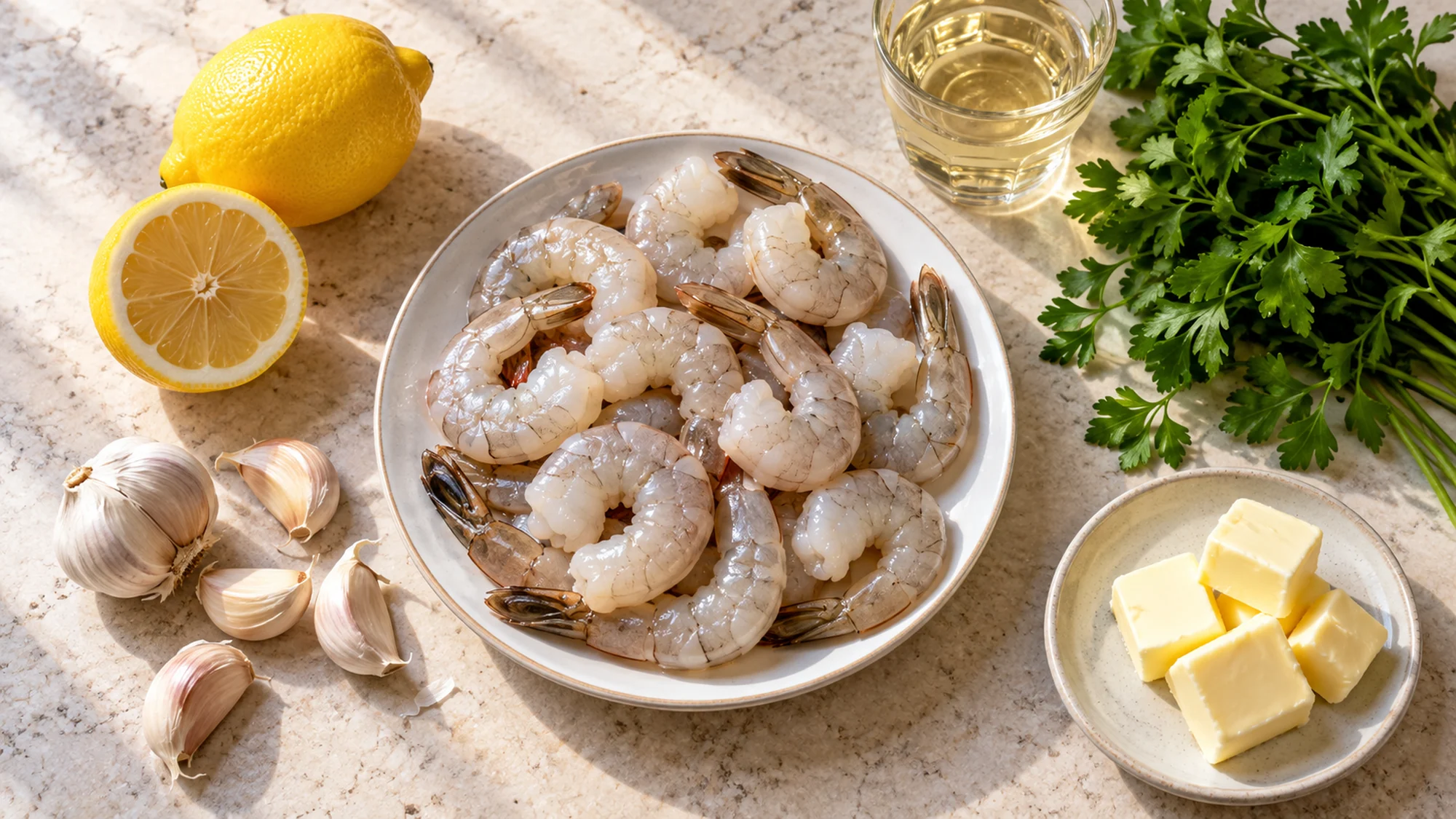 Raw shrimp, lemon, garlic, butter and parsley prepared for scampi