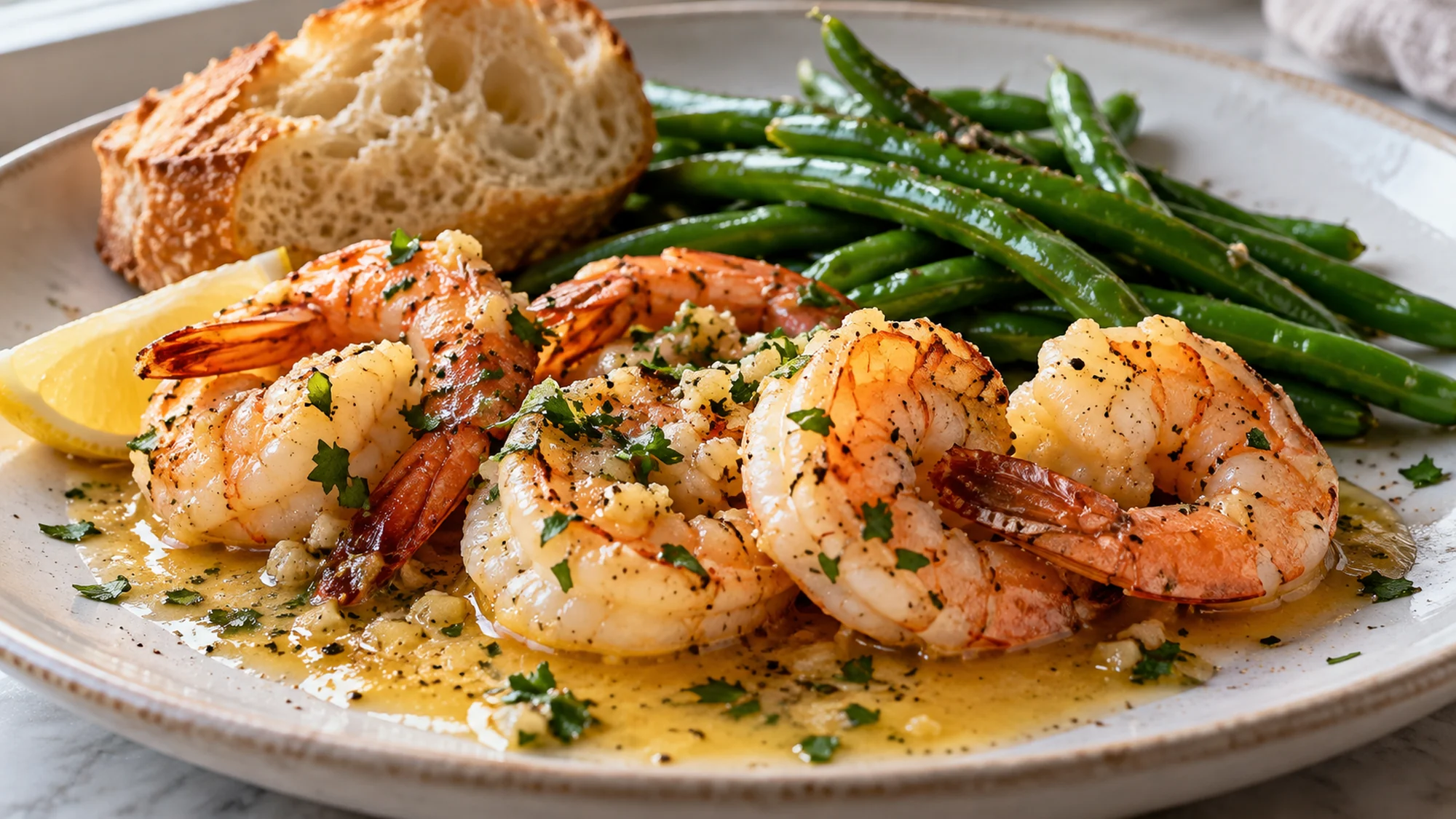 Shrimp scampi served with green beans and crusty bread