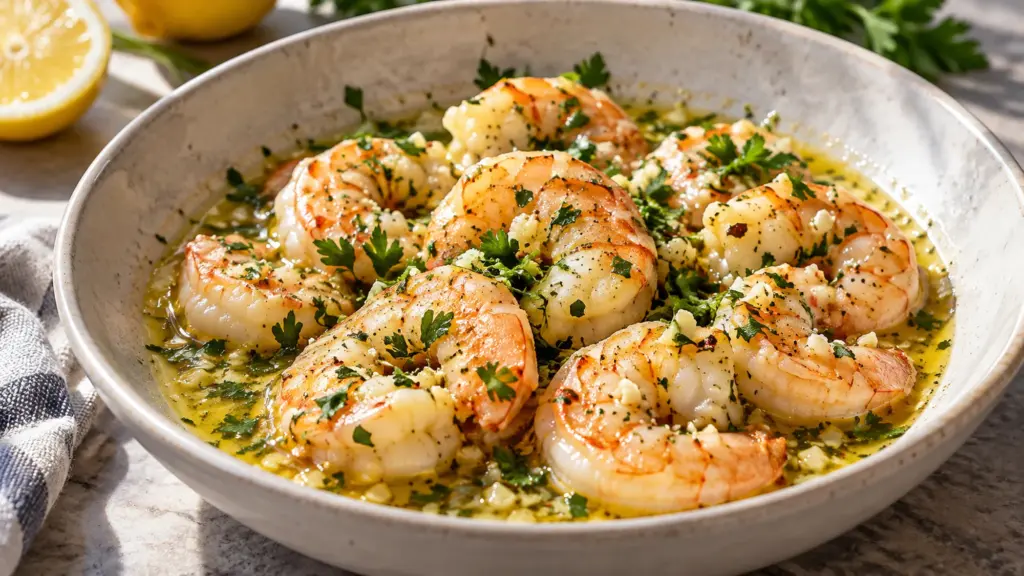 Shrimp scampi with garlic butter and parsley in a shallow bowl