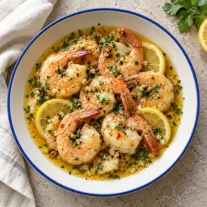 Shrimp scampi in a blue-rimmed bowl viewed from above