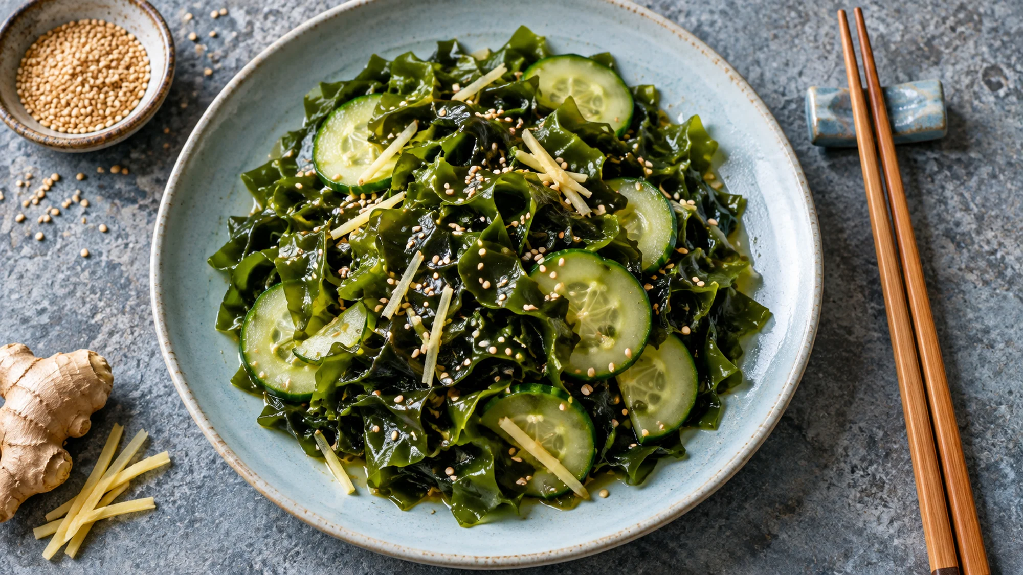 Seaweed salad in a pale blue dish with cucumber and sesame