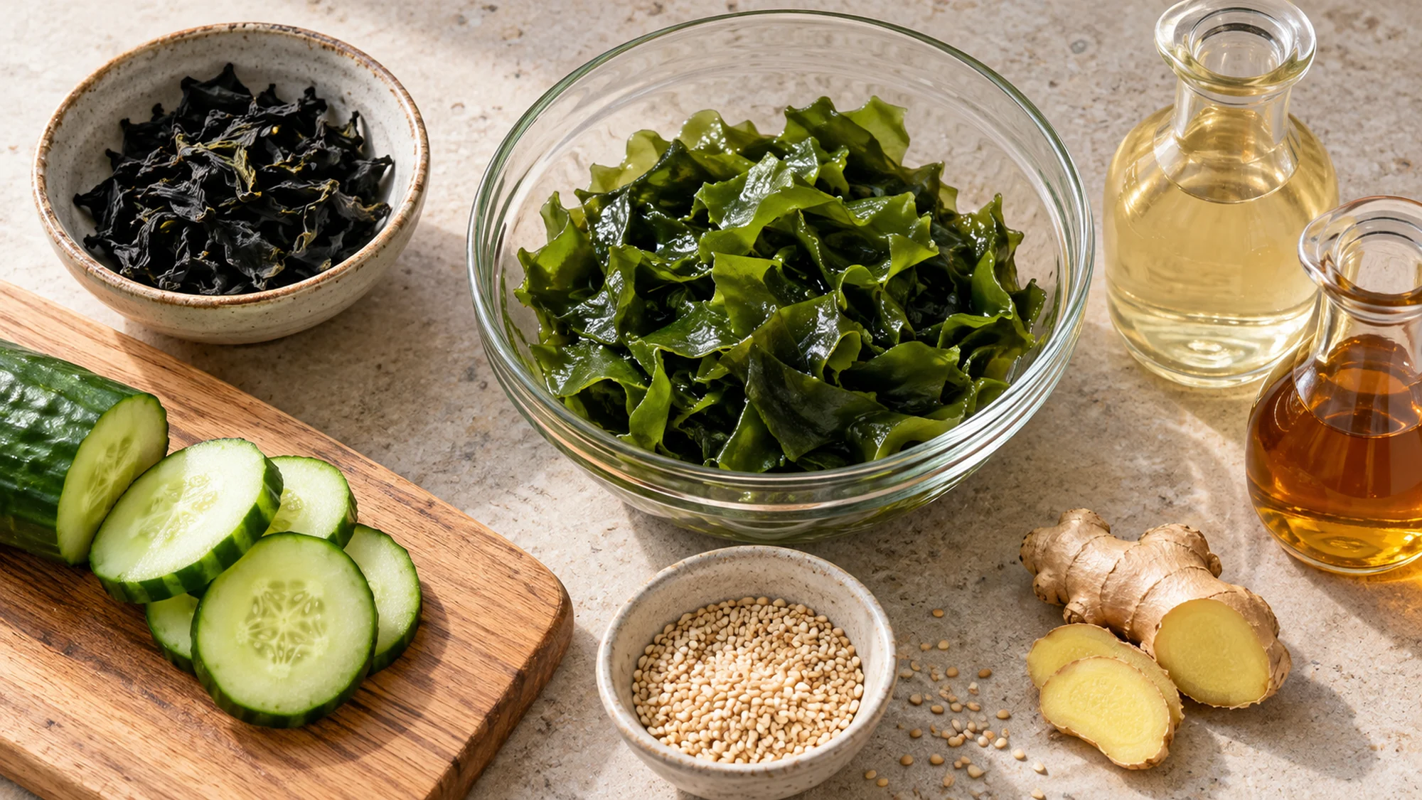 Dried and rehydrated wakame with cucumber and sesame for seaweed salad