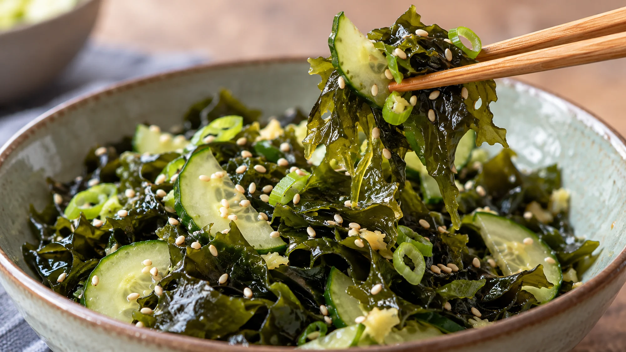 Wakame and cucumber seaweed salad lifted with chopsticks