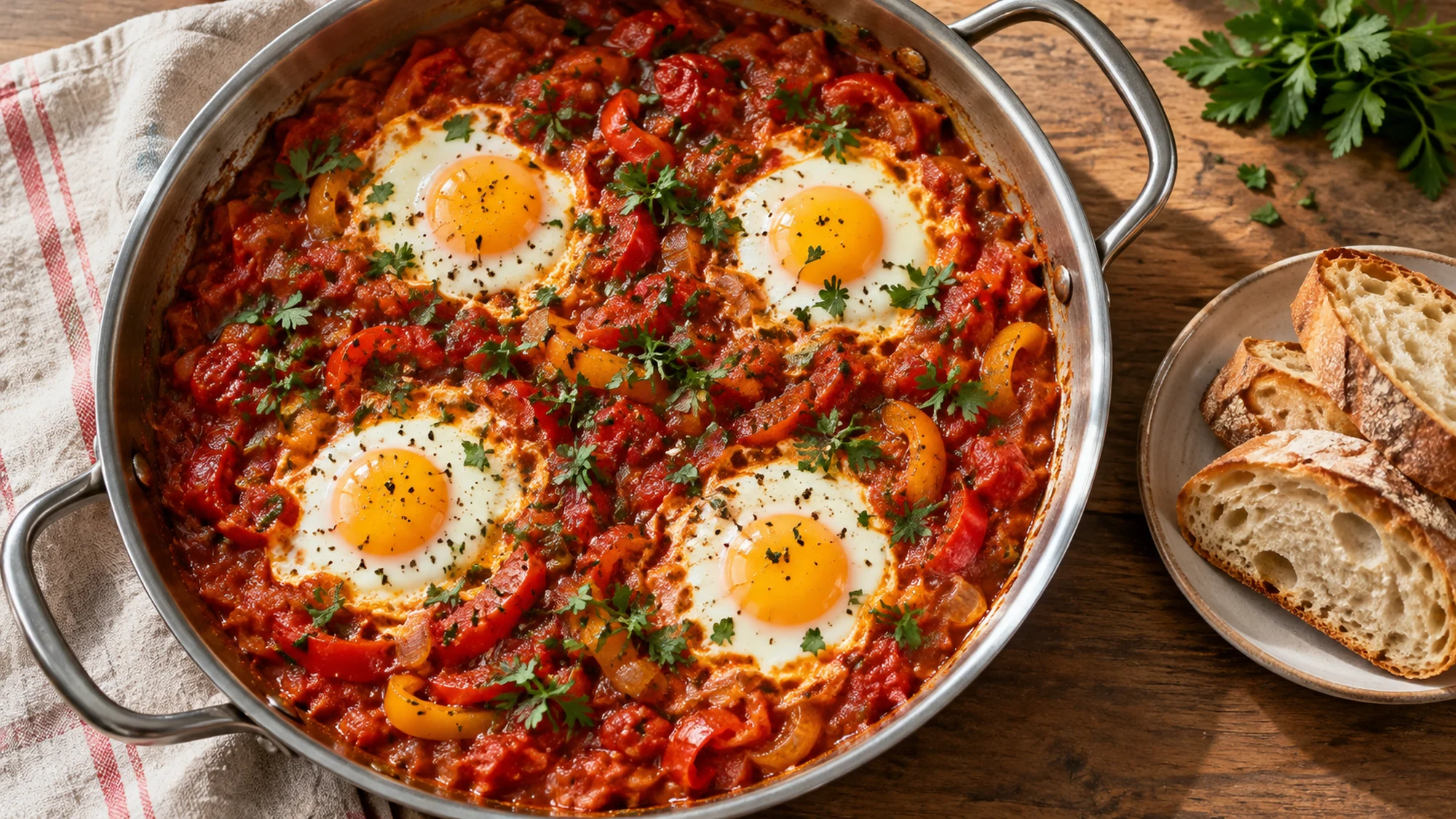 Shakshuka in a stainless skillet served with bread