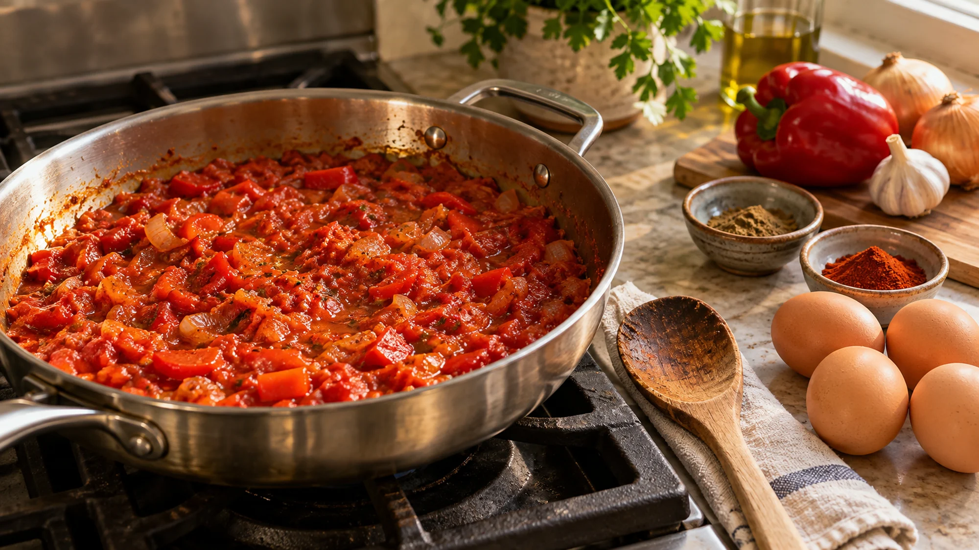 Tomato and pepper sauce prepared before adding eggs for shakshuka