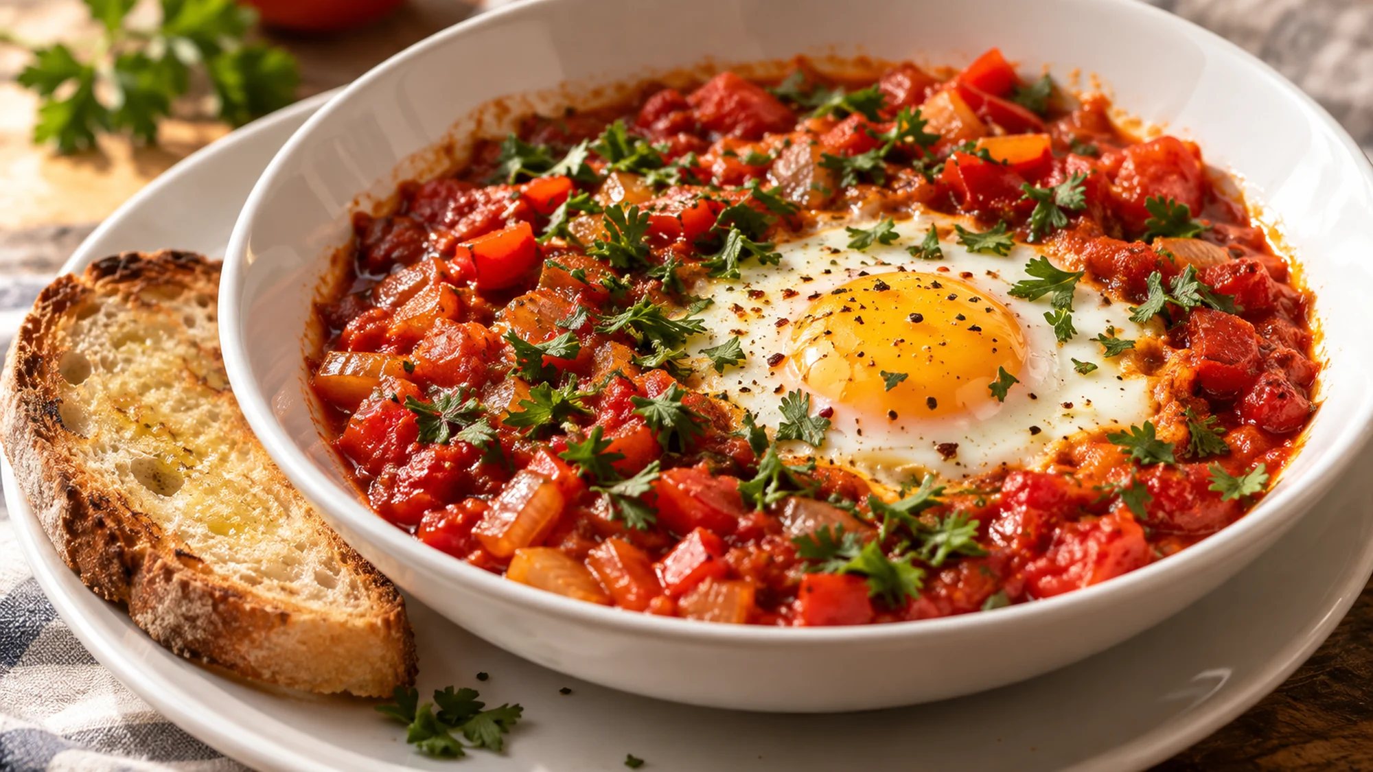 One serving of shakshuka with parsley and toast