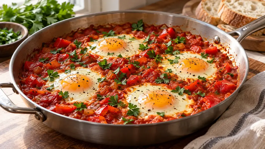 Shakshuka with four eggs in tomato and red pepper sauce