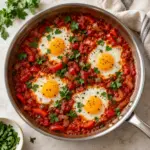 Four eggs in tomato pepper shakshuka viewed from above