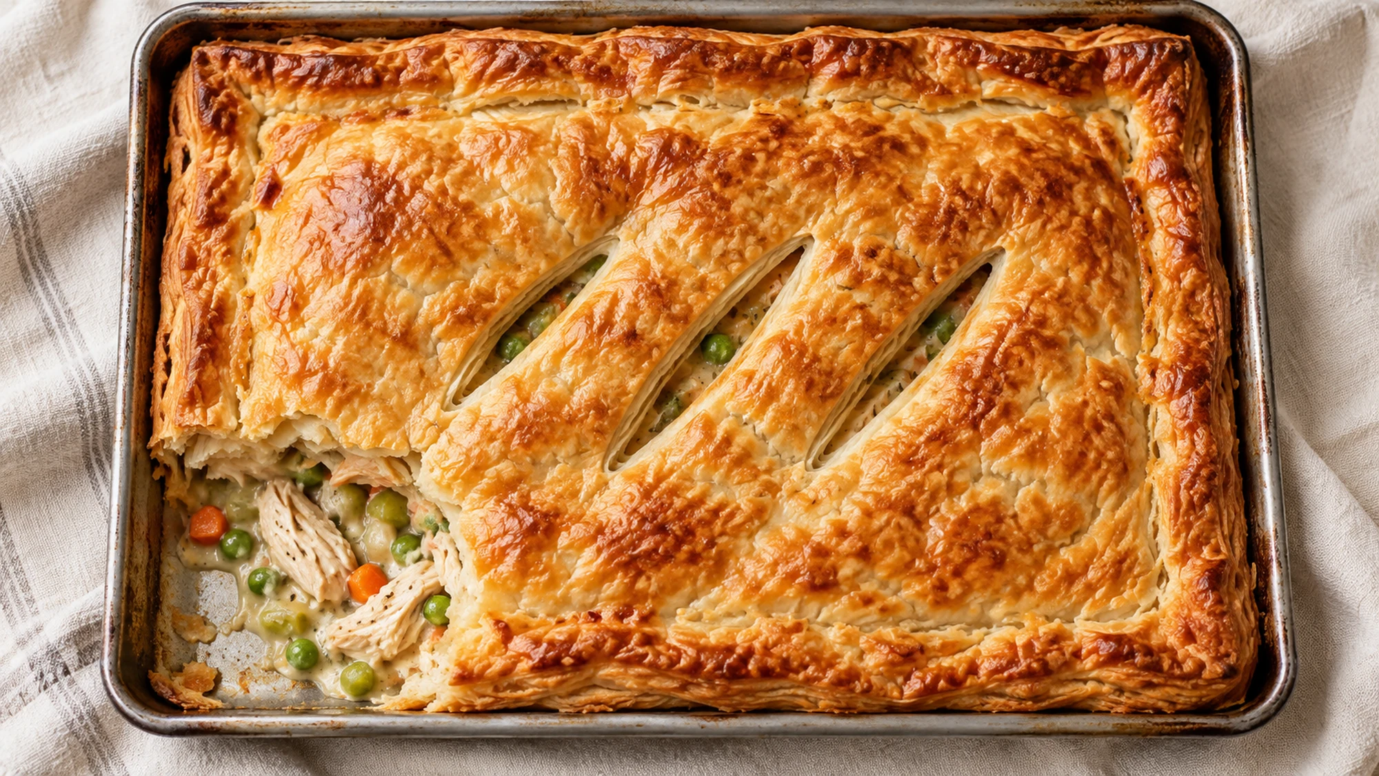 Overhead view of sheet pan chicken pot pie with a cut corner