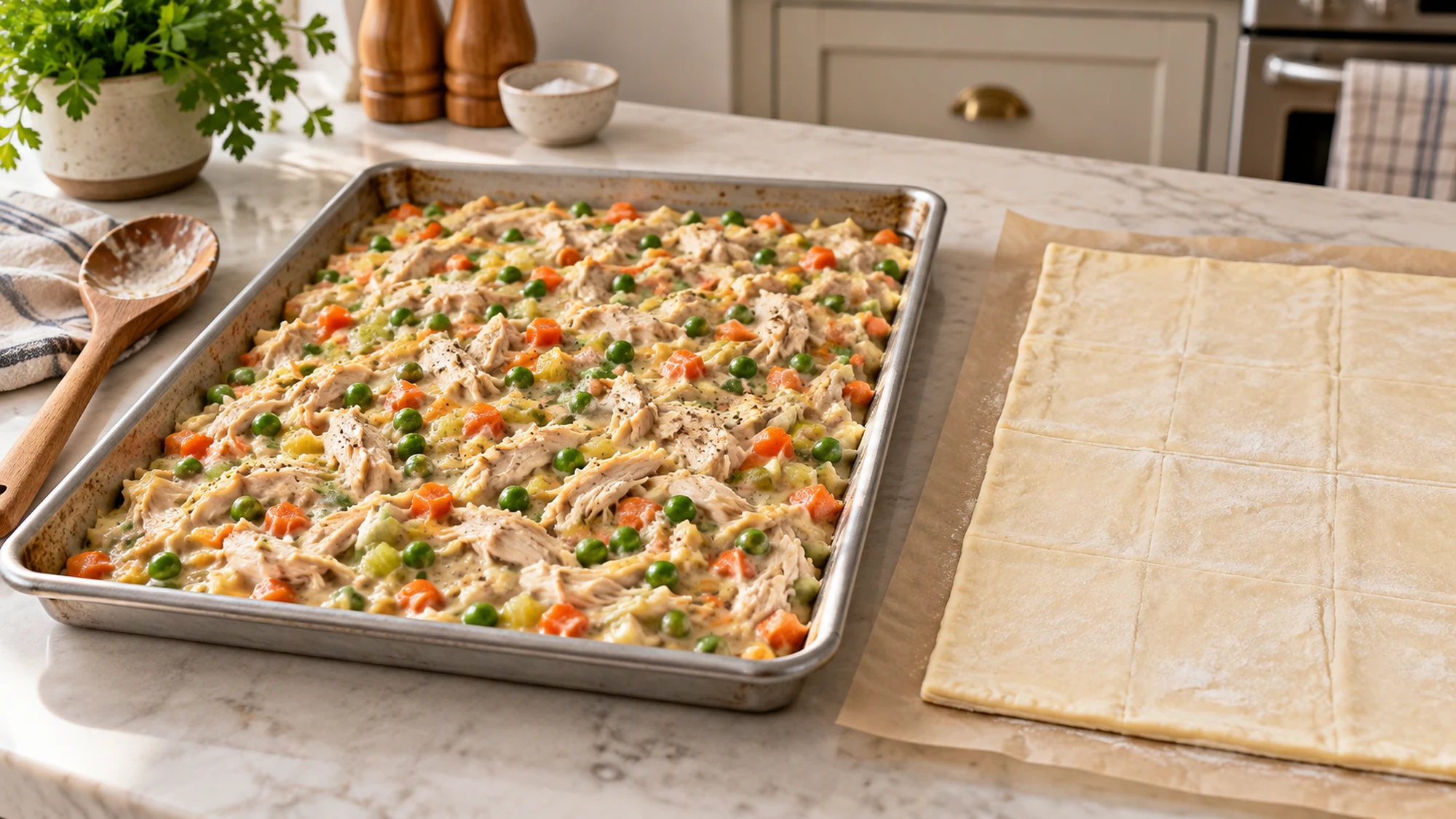 Creamy chicken and vegetable filling beside pastry for sheet pan chicken pot pie
