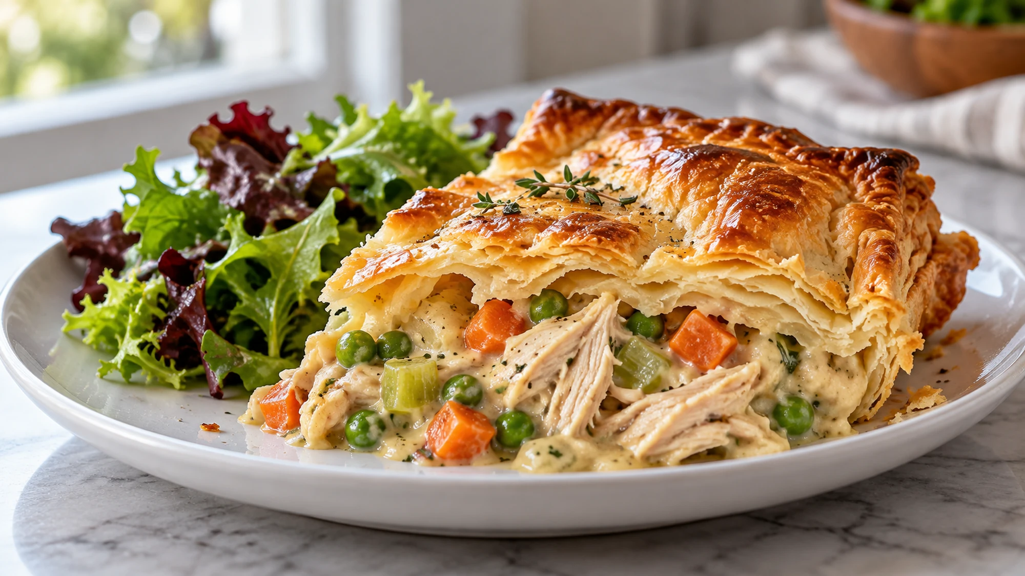 Plated sheet pan chicken pot pie with flaky pastry and a green salad