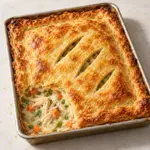 Golden sheet pan chicken pot pie in a shallow metal baking pan