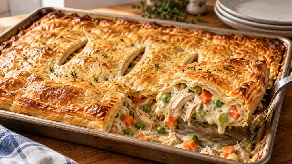 Sheet pan chicken pot pie with golden puff pastry and a lifted serving