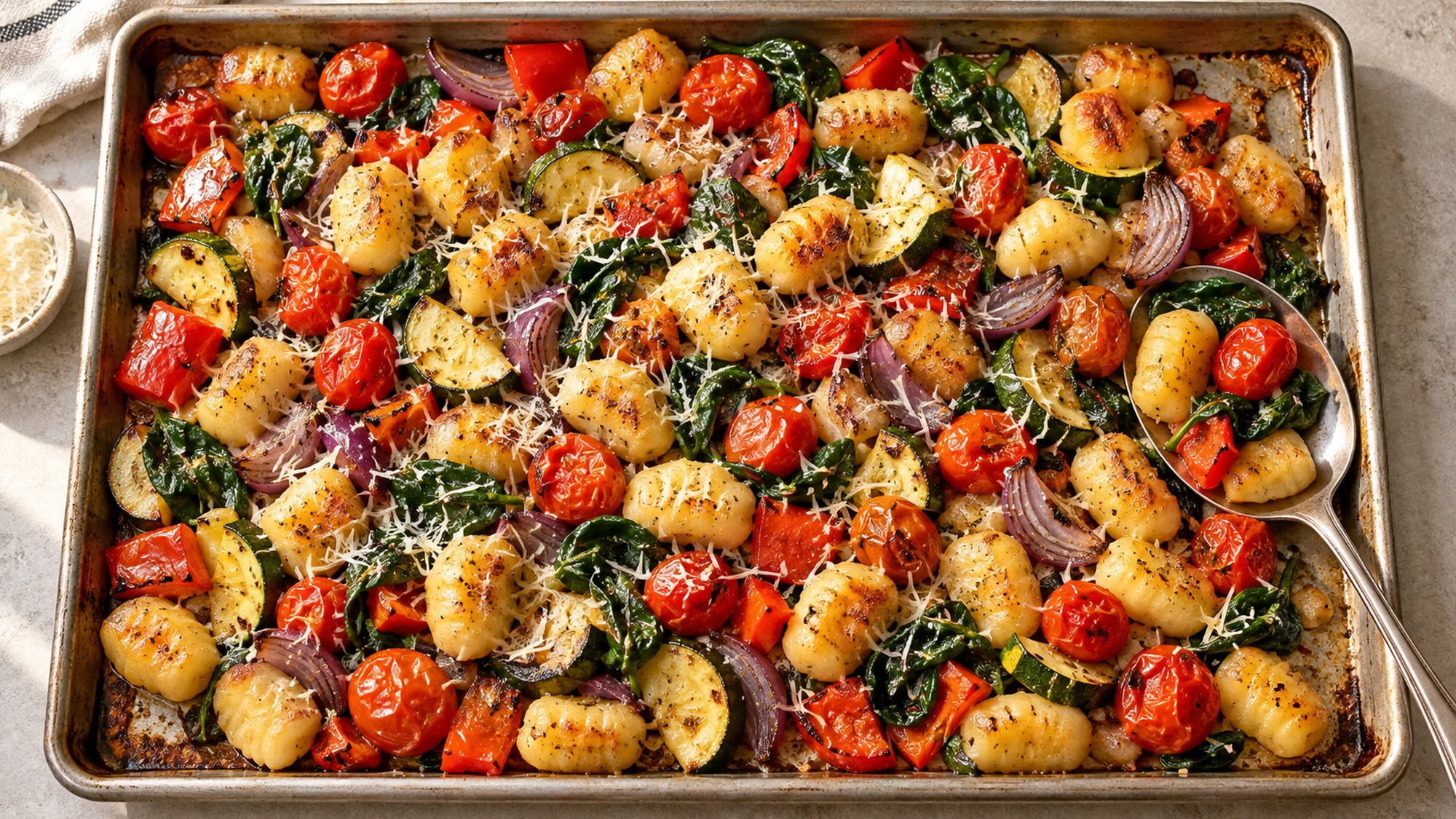 Overhead tray of sheet-pan gnocchi and roasted vegetables